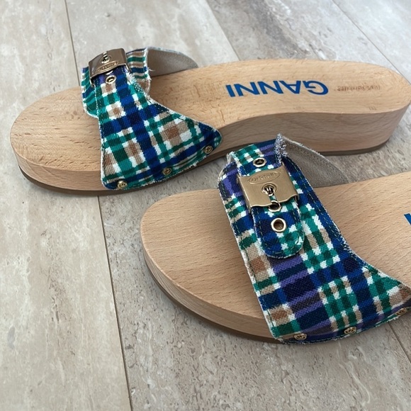 NWT GANNI x Dr. Scholl's Plaid Wooden Clog Sandals Buckle Retro Slides Blue 9 - Picture 5 of 13
